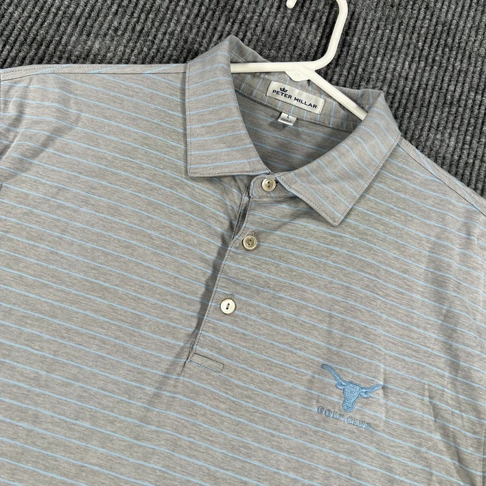 Peter Millar Polo Shirt Mens Large Gray Striped Short‎ Sleeve Performance Golf